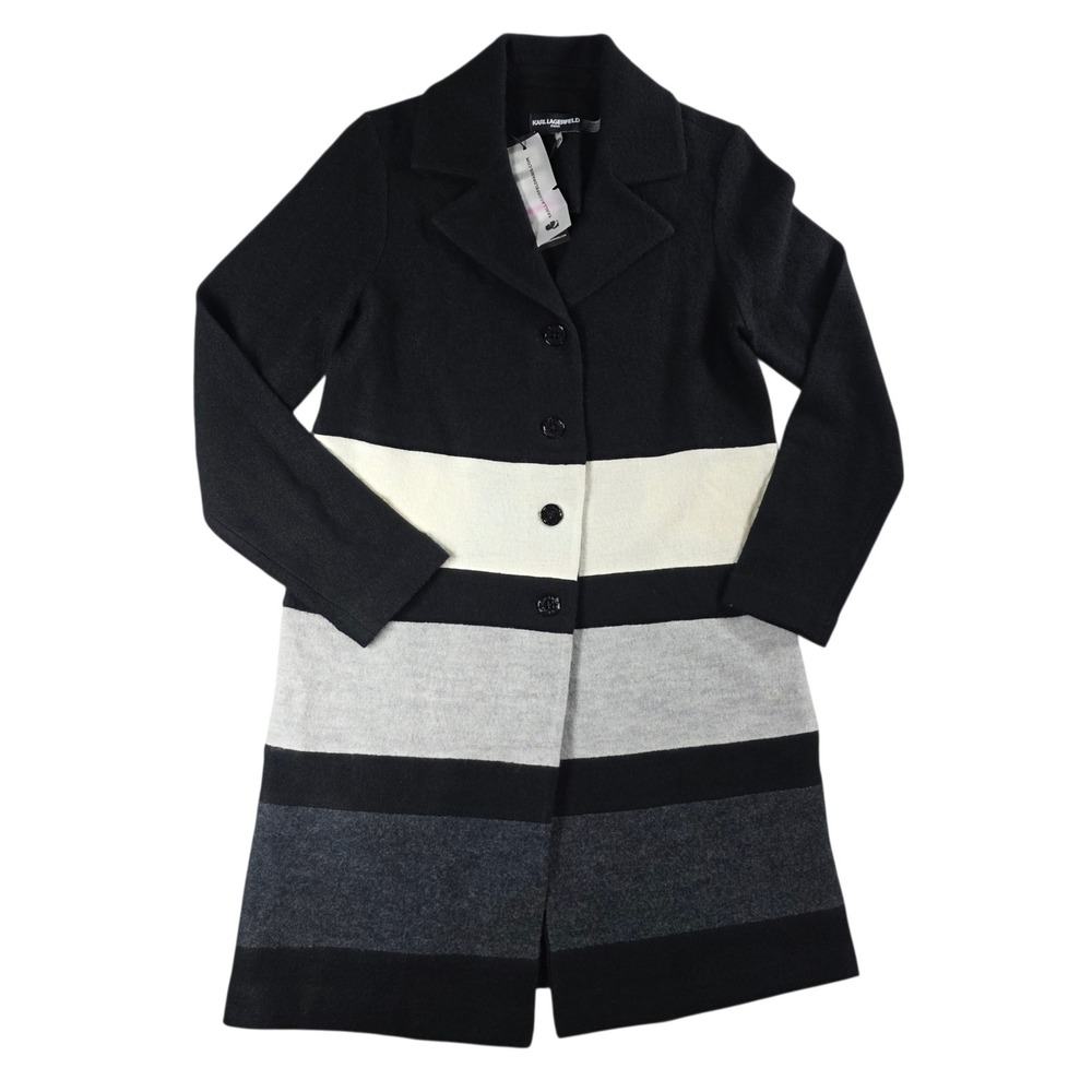 Karl Lagerfeld Wool Blend Long Cardigan Coat Striped Black Colorblock Women Xxs
